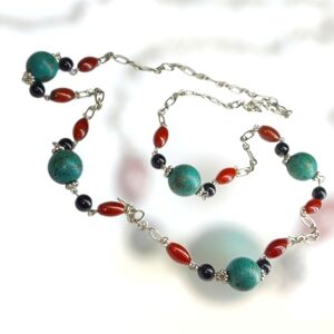 Chunky Turquoise & Jasper-Style Long Beaded Necklace – Earthy Boho Statement